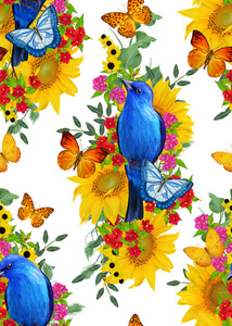 无缝的花卉图案。蓝鸟坐在一枝鲜艳的红花上, 黄色的向日葵, 绿叶, 美丽的蝴蝶