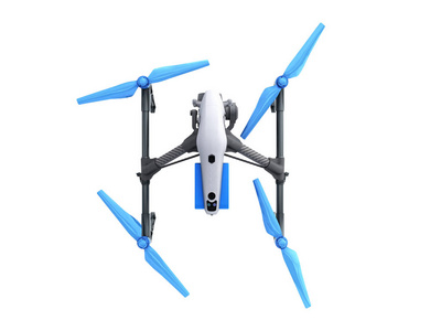 白色无人机 quadrocopter 与相片照相机飞行在蓝天概念航空影片3d 渲染在白色