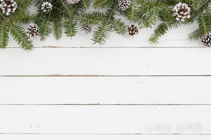 圣诞节装饰冷杉树与雪松树锥在白色背景平的平面框架模型。最小的设计