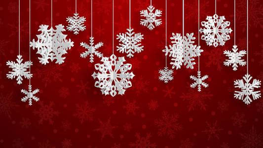 圣诞插图白色三维纸雪花挂在红色背景上