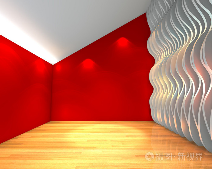 抽象红色空旷波墙的房间里