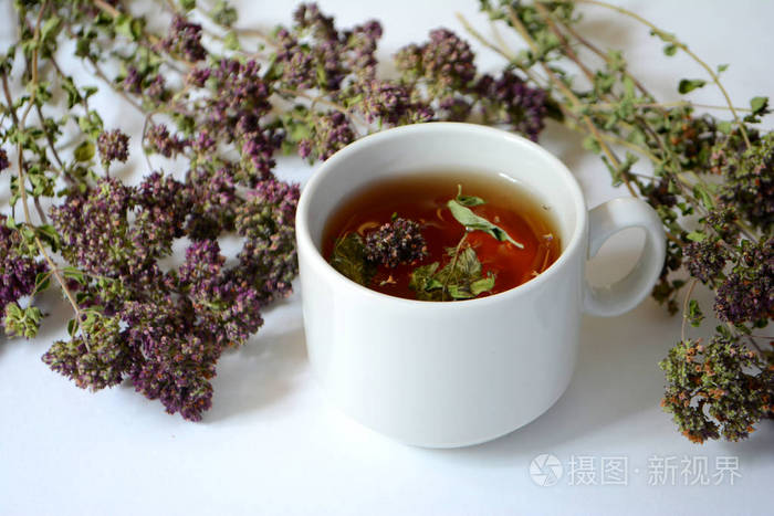 一杯草本茶和香草在光的背景下