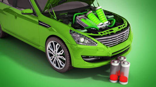 电动轿车电池的电池容量概念3d 渲染绿色