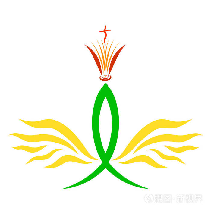 有翅膀的基督教鱼, 一支有火焰的蜡烛, 以开放的圣经和十字架的形式