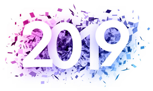 白色2019年背景与紫色色谱纸五彩纸屑。矢量纸插图
