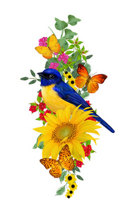蓝鸟坐在一枝鲜红的花朵上, 黄色的向日葵, 绿叶, 美丽的蝴蝶。在白色背景下被隔离。花卉组合