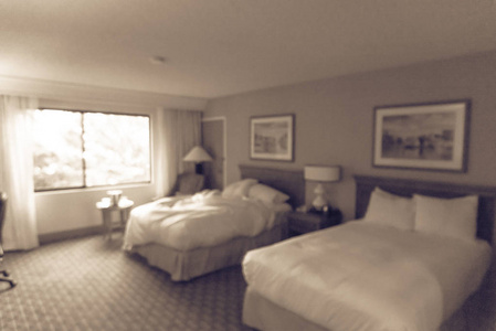 老式色调模糊典型的双人房, 窗户在美国酒店