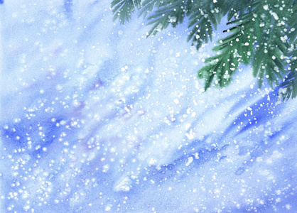 冬季降雪纹理在蓝色背景与冷杉分枝。手绘水彩例证
