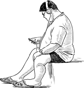一个年轻男子的素描与他的手机