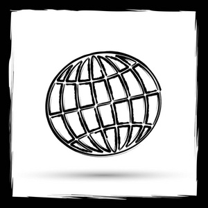 地球仪图标。在白色背景上的互联网按钮。仿画笔轮廓设计