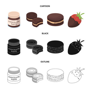 巧克力面食, 饼干, 草莓巧克力, 汉堡包。巧克力甜点集合图标在卡通, 黑色, 轮廓风格矢量符号股票插画网站