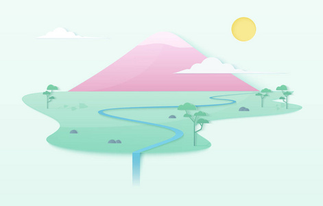新潮柔和梯度清洁世界插图概念与山, 河, 树, 太阳, 云彩和瀑布。日式粉红山岛模板海报