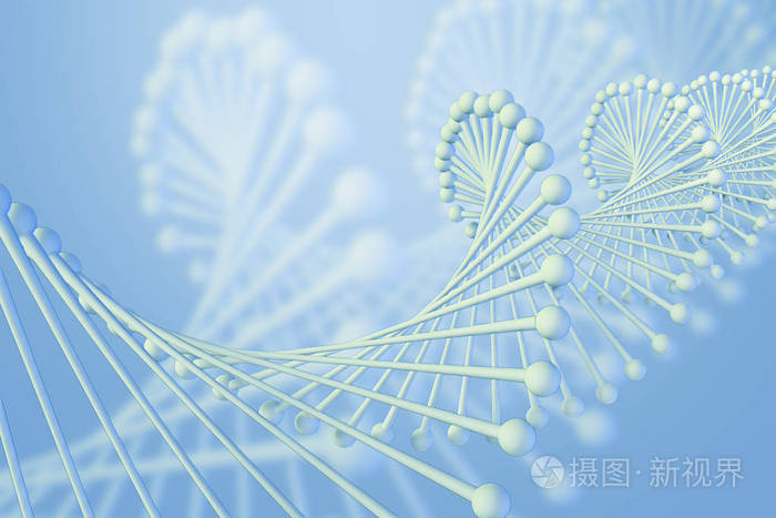 关闭白色对角线dna螺旋在浅蓝色背景与模糊的dna螺旋生物技术的概念3d