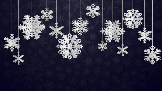 圣诞插图白色三维纸雪花挂在黑色背景上