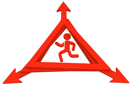 红色符号运行图三角形警告符号箭头, 3d 插图, 水平, 结束白色, 隔离