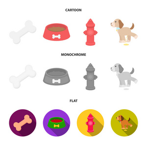 一根骨头, 一个消防栓, 一碗食物, 一只小便狗。狗集合图标在卡通, 平, 单色风格矢量符号股票插画网站