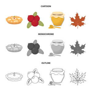 蔓越橘, 南瓜馅饼, 蜂蜜壶, 枫叶。加拿大感恩节集合图标在卡通, 轮廓, 单色风格矢量符号股票插图