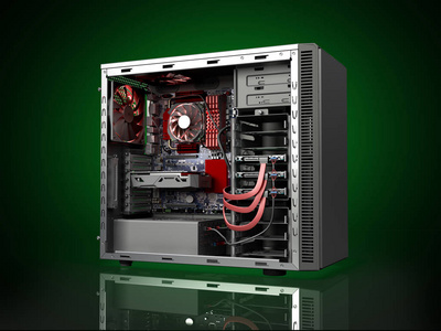 打开 Pc 机箱与内部部件主板冷却器视频卡电源硬盘驱动器3d 渲染 darck 绿色