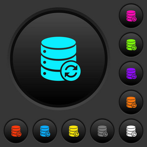 Syncronize 数据库深色按钮, 在深灰色背景上具有生动的颜色图标