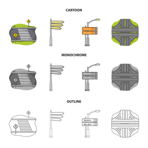 方向标志和其他网页图标在卡通, 轮廓, 单色风格。集合中的路口和标志图标