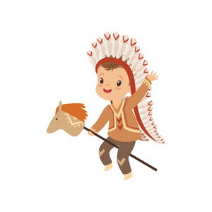 男孩穿着印第安人的服装和头饰骑马棍马, 孩子玩美国印度矢量插图隔离