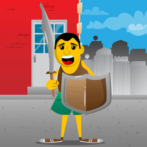 情侣拿画插画拿着剑和盾牌的黄种人.矢量卡通插画照片