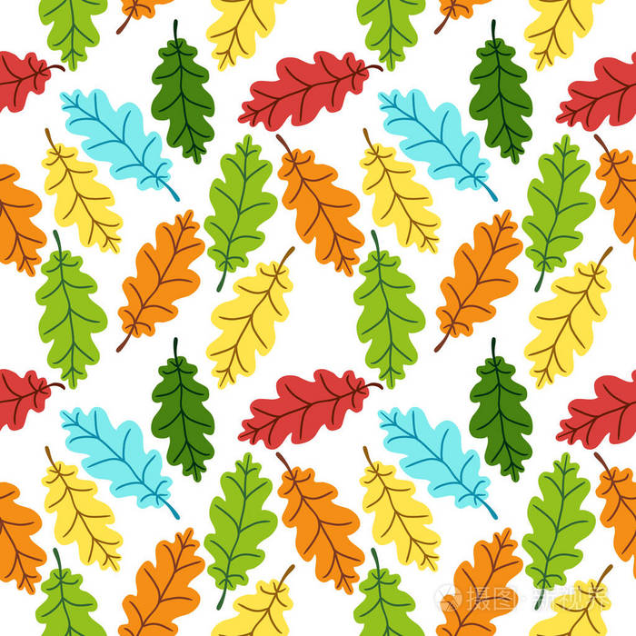 可爱的秋天无缝图案与乡村手工绘制橡树叶