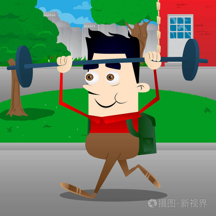 小学生举重起重杠铃.矢量卡通人物插画