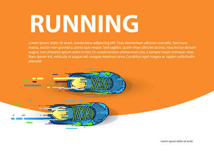 运动海报运行活动 多彩多姿的跑鞋在橙色背景。向量