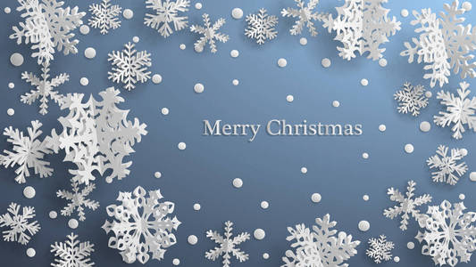 白色三维纸雪花在灰色背景下的圣诞插图
