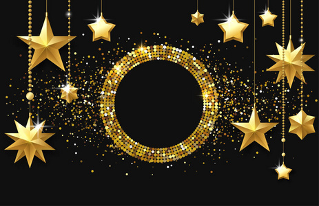 黑色闪亮的节日背景与金色圆的框架, 明星