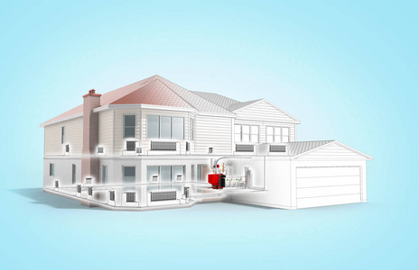 私有住宅供暖系统大厦概念3d 渲染在蓝色
