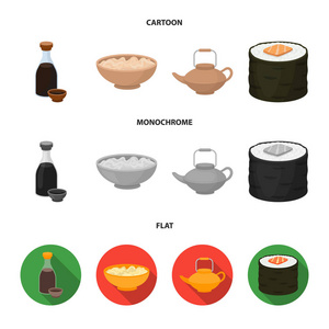 酱油, 面条, kettle.rolls.Sushi 集合图标在卡通, 平, 单色风格矢量符号股票插画网站