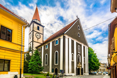 Varazdin 教区教堂地标。风景视图在老巴洛克式的天主教教会在 Varazdin 城市, 克罗地亚欧洲