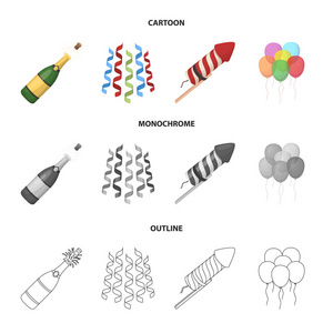 香槟, 烟花和其他配件在晚会上。党和 partits 集合图标在卡通, 轮廓, 单色风格矢量符号股票插画网站