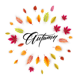 你好秋天。不同颜色的秋天叶子背景。矢量插图