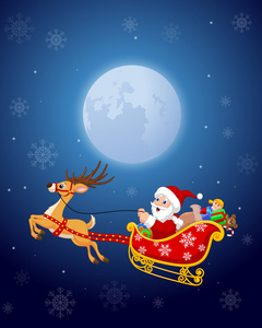在他被拉的驯鹿的圣诞雪橇卡通圣诞老人