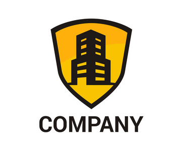 黑黄彩屋房地产建筑建筑零售物业住宅楼塔楼剪影与盾构公司徽标设计概念矢量图