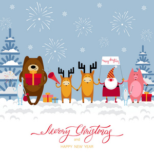 圣诞节和新年卡片与圣诞老人和可爱的动物