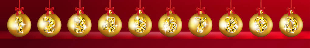 现实的3d 矢量圣诞球与黄金2019年数字透明的背景。金光圣诞圣诞小珠为新年装饰