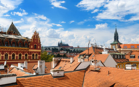 布拉格的红色屋顶和城市景观。布拉格城堡。捷克共和国