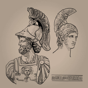 希腊战神.数字素描手绘向量.插图照片