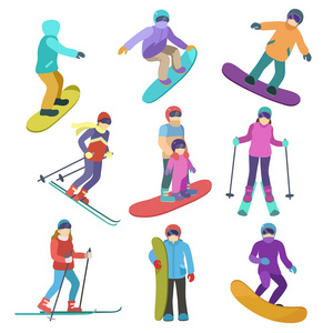 年轻人在冬季运动中骑下坡滑雪板和滑雪