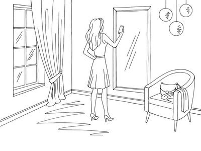 起居室图形黑色白色内部素描插图矢量妇女在镜子前做自拍照片