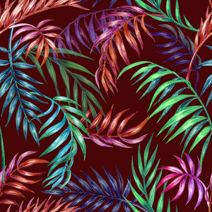 棕榈叶的无缝图案在勃艮第的背景, 水彩画。花卉热带印花面料, 各种设计的背景