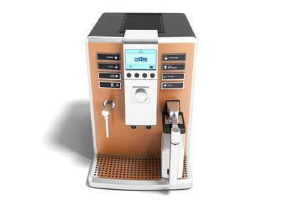 现代淡褐色水瓶咖啡机与牛奶分配器在一杯前视图3d 渲染白色背景与阴影