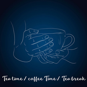 茶时间海报概念。茶党贺卡设计。手捧茶手绘插图