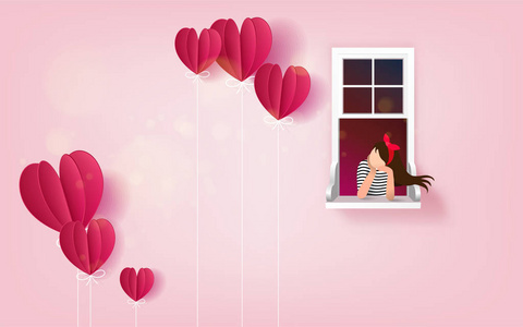美丽的女人在窗口看着心气球飞翔。爱的概念。情人节快乐壁纸, 海报, 卡片。矢量插图