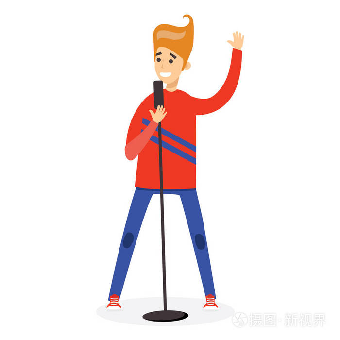 在白色背景下独立麦克风的卡通歌手