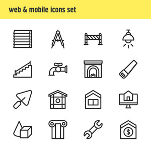向量例证16个建筑图标线样式。可编辑的网上购房壁炉灯具等图标元素